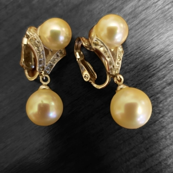 Clip-on Pearl & Diamond Look Earrings Vintage - Picture 2 of 5